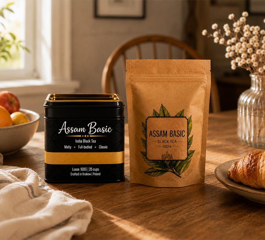 Assam Basic Leo Tea – elegancka puszka, doypack i kubek prezentowy